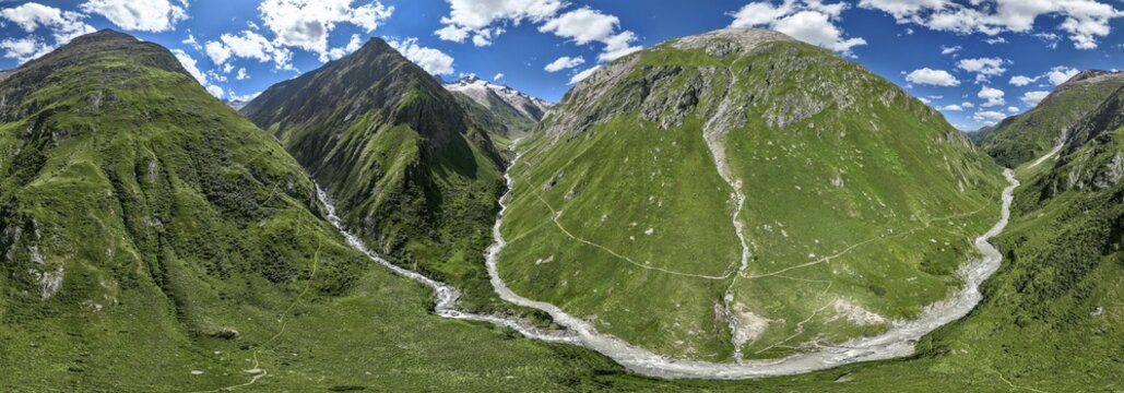 Aerial view, 360&deg; Alpine panorama, Gro&szlig;er Schober and R&ouml;tspitze, Dabertal and Umbaltal with river Isel, Hohe Tauern National Park, East Tyrol, Tyrol, Austria