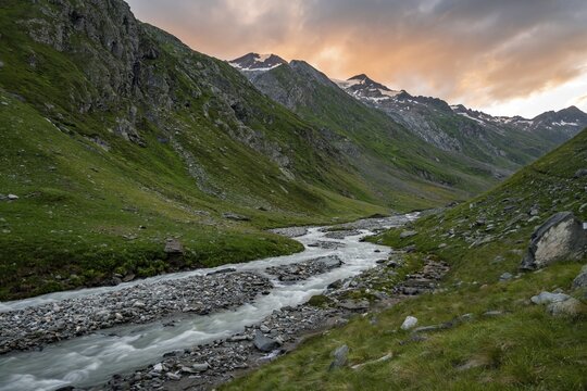Sunset in Umbaltal, River Isel, Hohe Tauern National Park, East Tyrol, Tyrol, Austria