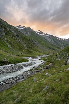 Sunset in Umbaltal, River Isel, Hohe Tauern National Park, East Tyrol, Tyrol, Austria