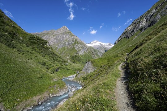 View of Gro&szlig;er Schober and R&ouml;tspitze, river Isel in Umbaltal, Hohe Tauern National Park, East Tyrol, Tyrol, Austria