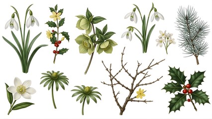 Collection of Winter and Holiday Botanical Illustrations and Flowers
