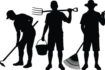 Silhouettes of individuals engaged in yard work isolated on white background, Vector, illustration