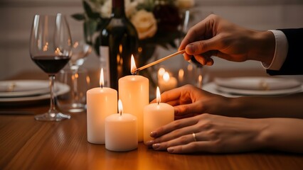 A romantic candlelit dinner setting with a person lighting a candle