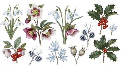 Beautiful Watercolor Illustration of Winter Flowers and Berries