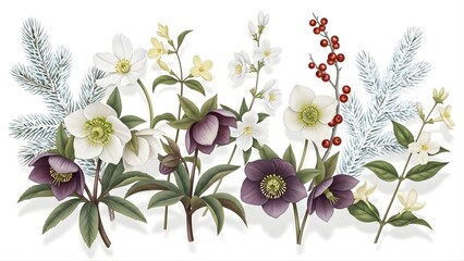 Beautiful botanical illustration featuring Christmas roses and winter foliage