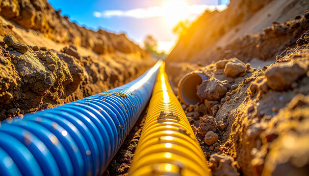 Close-up of blue and yellow corrugated pipes laid in a construction trench blue pipe yellow pipe