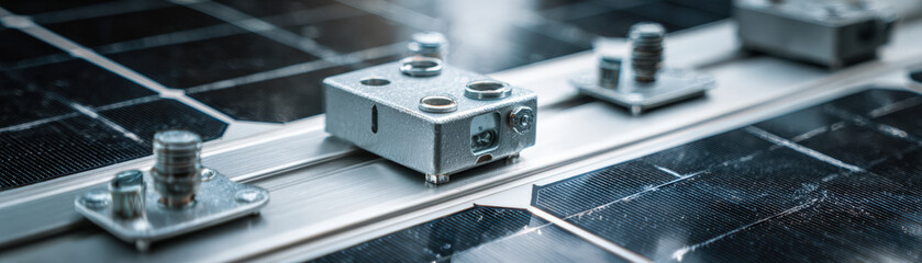 Installing solar panel mounting systems rooftop photovoltaic hardware urban environment close-up view renewable energy solutions