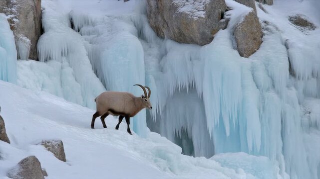 Ibex in the Icy Wilderness: An ibex fearlessly navigates a rugged, snow-covered mountain slope, surrounded by majestic ice formations.