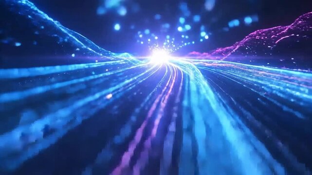 Abstract Digital Highway with Moving Particle Trails and Glowing Light in Dark Blue and Purple