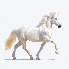 Obraz premium Majestic white horse galloping gracefully on plain background showcasing its beauty and strong physique in motion