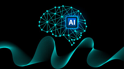 Artificial Intelligence Neural Network Brain with Digital Data Waves on Black Background for machine learning, automation, data science, future technology, business intelligence, and digital transform