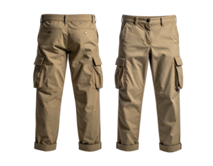Two views of tan cargo pants with large thigh pockets