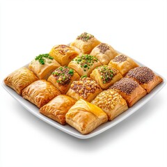 Assorted Pastry Platter with Nuts and Colorful Toppings on a White Background