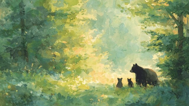 森の中で並ぶクマ親子のシルエット 水彩風イラスト