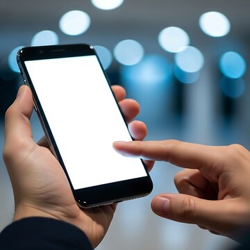Close-up of human hands holding and interacting with a modern smartphone, featuring a blank white screen ready for custom content, against a softly blurred background with bokeh lights