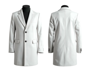 White tailored coat shown front and back on a mannequin