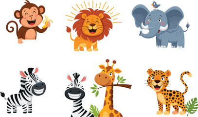 Cartoon wild animals, monkey with banana, smiling lion, elephant with bird, zebra, giraffe, leopard, fun vector illustration for kids © MstShahida