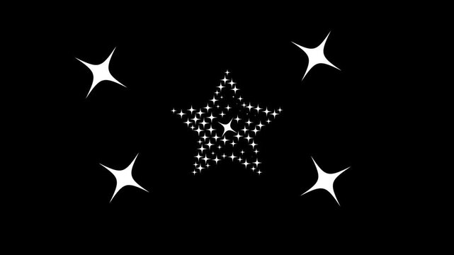 Sparkle twinkling cartoon stars flat vector doodle white blinking glitter motion glowing light trails fast shine animation on black screen background for magic effects 4K.