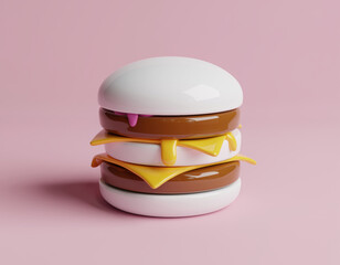 Playful glossy hamburger and cheeseburger made of ceramic or porcelain. This 3d food art features dripping cheese on solid pink background, embodying fun pop art aesthetic
