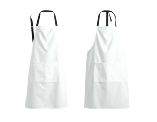 Two pristine white aprons, front and back views, isolated