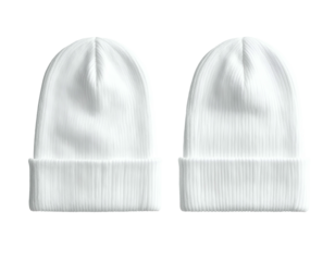 Two realistic white knitted beanies shown front and back