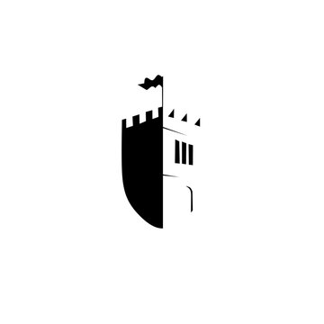 A minimalist negative space logo of a fortress castle with a flag, cleverly combined with a shield shape. Ideal for security, heritage, or gaming brand identities.