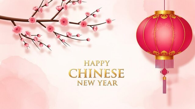 Happy Chinese New Year with Cherry Blossoms and Red Lantern