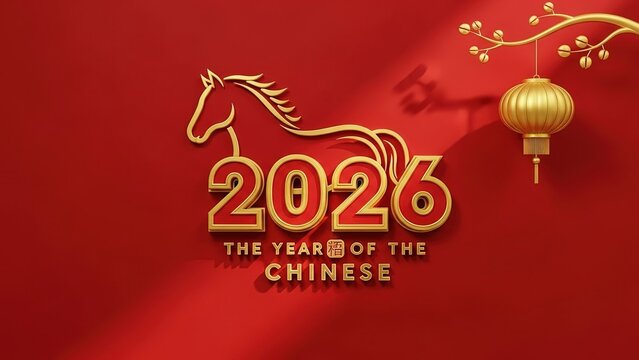 3D Golden Horse and 2026 Year for Chinese New Year Celebration