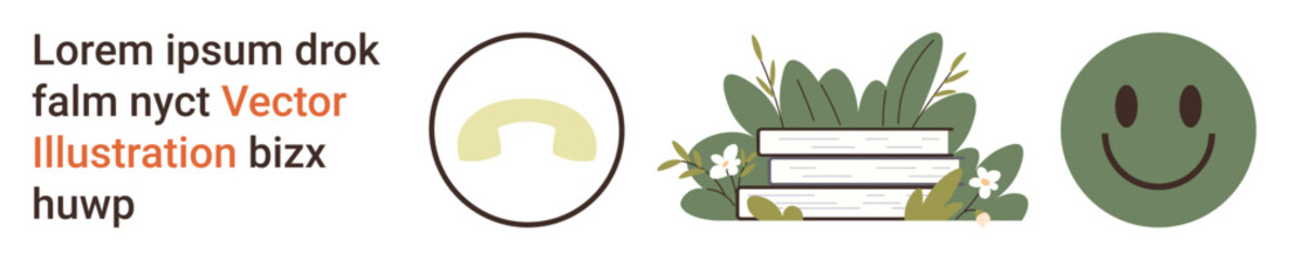 Fototapeta premium Communication, education, environment, positivity, icons, happiness. A telephone icon, books with plants and a smiling face. Communication and education concept with an environmental motif