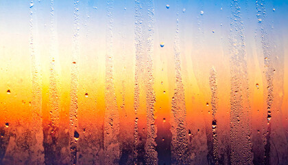 Close-up of water droplets on glass with vibrant sunset colors and light streaks condensation