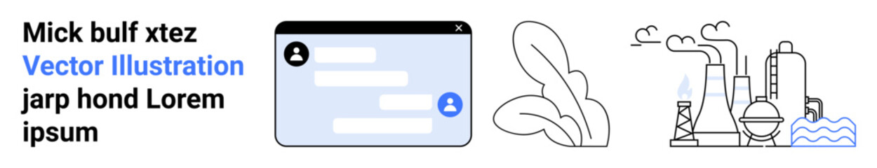 Fototapeta premium Communication tools, business interaction, sustainability, industrial processes, environment, modern technology. Messaging window, nature leaves factory plant with emissions. Communication tools