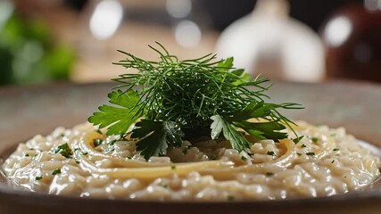 Closeup shot of a chefs hand delicately garnishing a creamy savory dish possibly risotto or pasta with a generous sprinkle of fresh green herbs like parsley and dill enhancing its visual appeal and f.