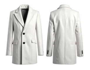 Two views of a white lapel blazer with black buttons