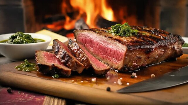 Asado grilled beef steak sliced on cutting board. Still life with chimichurri sauce and fireplace background