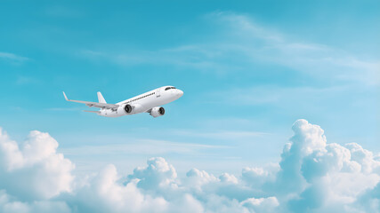 Fototapeta premium A large white airplane flying ,The background is dominated by a pale azure blue sky.