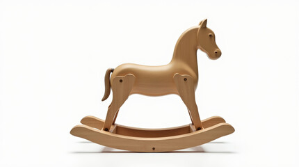 Vintage wooden rocking horse toy on clean white background, nostalgic retro aesthetic, for toy, childhood and decor themes