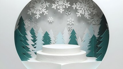 christmas, holiday, winter, trendy, Winter wonderland scene with a circular frame featuring a white podium for product display amidst paper-cut evergreen trees and delicate snowfl