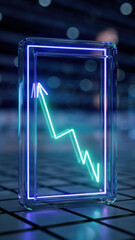 Glowing neon line graph with an upward arrow encased in glass, symbolizing optimistic growth in finance and stock market. futuristic concept of success and recovery