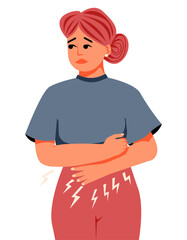 Abdominal pain in woman. Menstrual pain in girl. Discomfort, bloating. Woman suffering from stomach ache or endometriosis and holding her hands on belly. Food poisoning. Vector