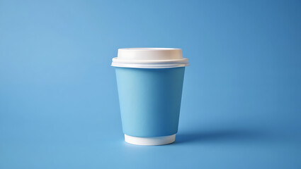 blue disposable coffee cup with white lid and base on blue background