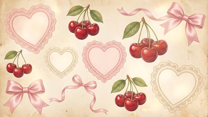 Whimsical vintage elements featuring cherries, heart frames, and delicate ribbons with bows