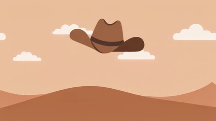 Cartoon Cowboy Hat Floating in Stylized Desert Landscape with Clouds and Wavy Hills