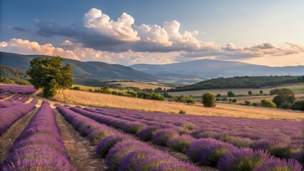 Naklejka premium Blooming lavender field at sunset, countryside landscape with colorful sky, fragrant purple flowers, romantic rural scene, nature and relaxation concept