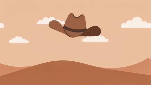 Cartoon Cowboy Hat Floating in Stylized Desert Landscape with Clouds and Wavy Hills