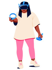 Plays VR game use VR headsets and joystick. Woman with VR goggles in augmented reality playing game on virtual screen. Modern entertainment. Vector illustration