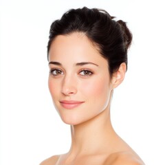 Fototapeta premium Beautiful young woman with natural makeup and soft hairstyle posing against plain white background in studio setting