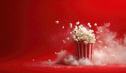 Popcorn exploding from striped container, amidst swirling vapor against a red backdrop