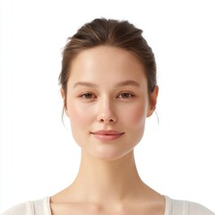 Obraz premium Natural Beauty Portrait of Young Woman with Radiant Skin and Simple Makeup on Light Background for Wellness and Skincare Themes