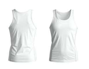 Two white sleeveless athletic tops, front and back view