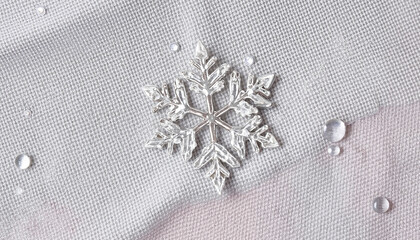 Delicate snowflake on textured fabric with water droplets  
